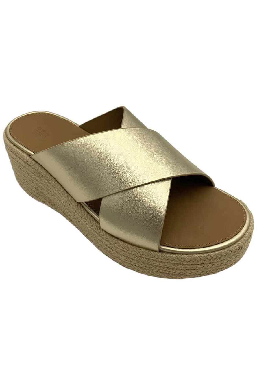 FitFlop Women's Platform Espadrille Leather Wedge Cross Slides Platino - Medium